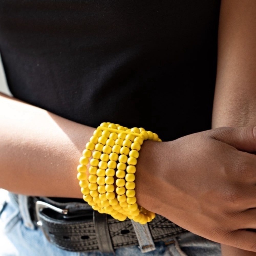 Bright yellow stacked wood bead stretch bracelet